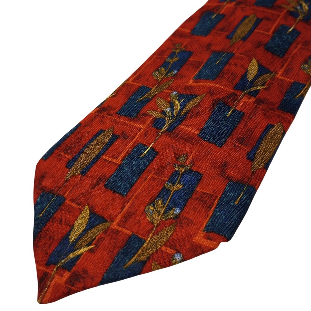 Ermenegildo Zegna Mens 100% Silk Tie Red Gold Blue  Botanical Made Italy